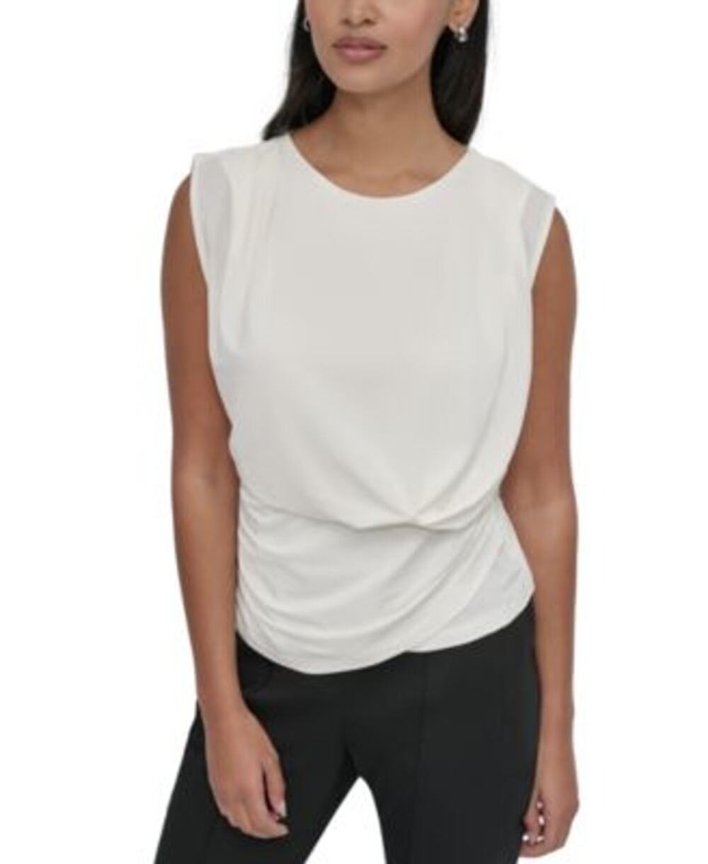 DKNY Women's Petite Sleeveless Draped-Front Top in Ivory